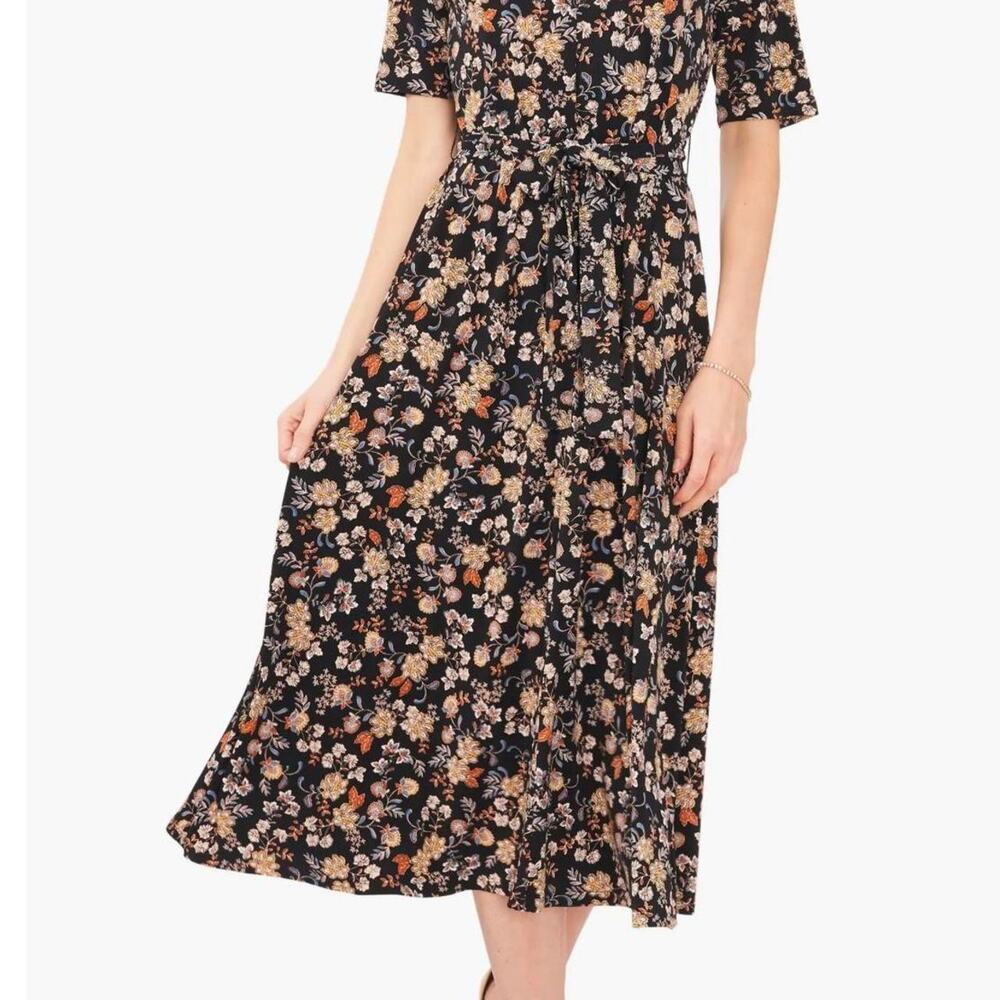 Chaus Floral Midi Wrap Dress M Black Floral Tie Waist Cottagecore Chic